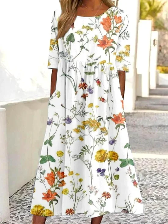Women Floral Half Sleeve Summer Dress Crew Neck Daily Vintage Maxi Shirt Dress A-Line Dress