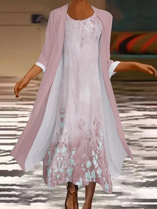 Women Floral Printing Two-Piece Set Daily Three Quarter Sleeve Casual Spring/Fall Dress With Coat Matching Set