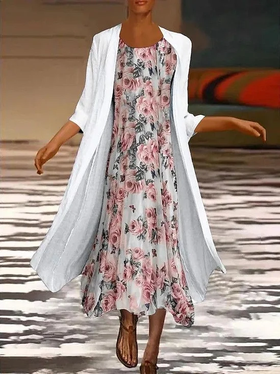 Women Floral Printing Two-Piece Set Daily Three Quarter Sleeve Casual Spring/Fall Dress With Coat Matching Set