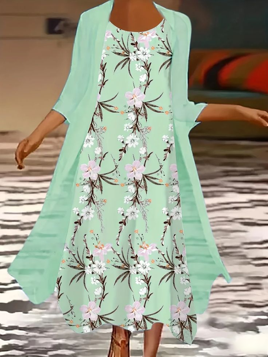 Women Floral Printing Two-Piece Set Daily Three Quarter Sleeve Casual Spring/Fall Dress With Coat Matching Set