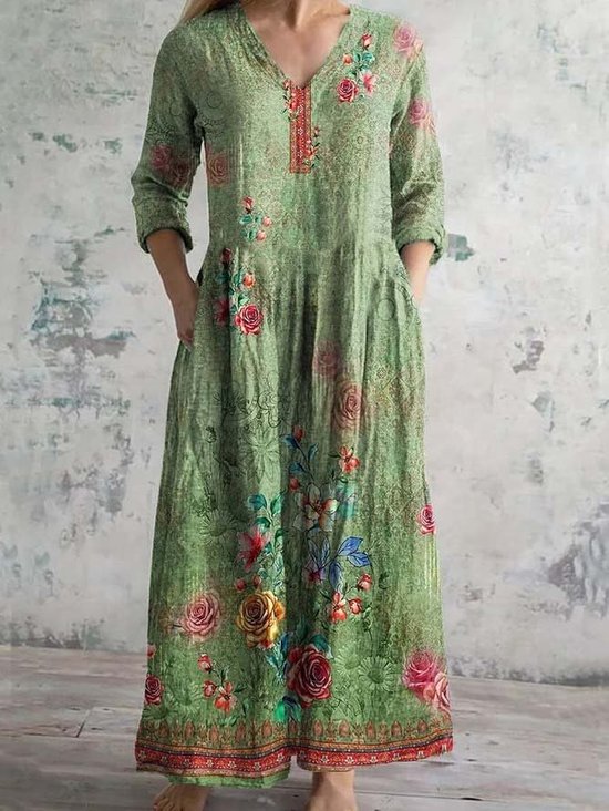 Women's Long Sleeve Spring/Fall 3D Printing Dress V Neck Holiday Going Out Vintage Maxi T-Shirt Dress A-Line Dress