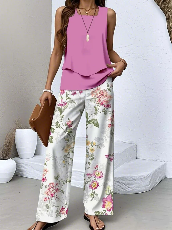 Women's Floral Two-Piece Set Daily Sleeveless Casual Summer Top With Pants Matching Set