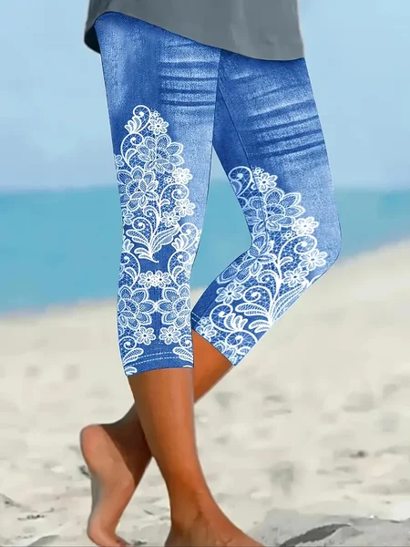 Women's Floral Capris Elastic Waist Pant Casual Summer Trousers
