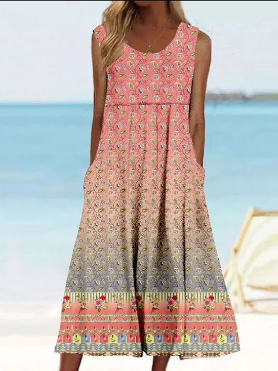 Women Ethnic Sleeveless Summer Dress Crew Neck Daily Vintage Maxi Tank A-Line Dress