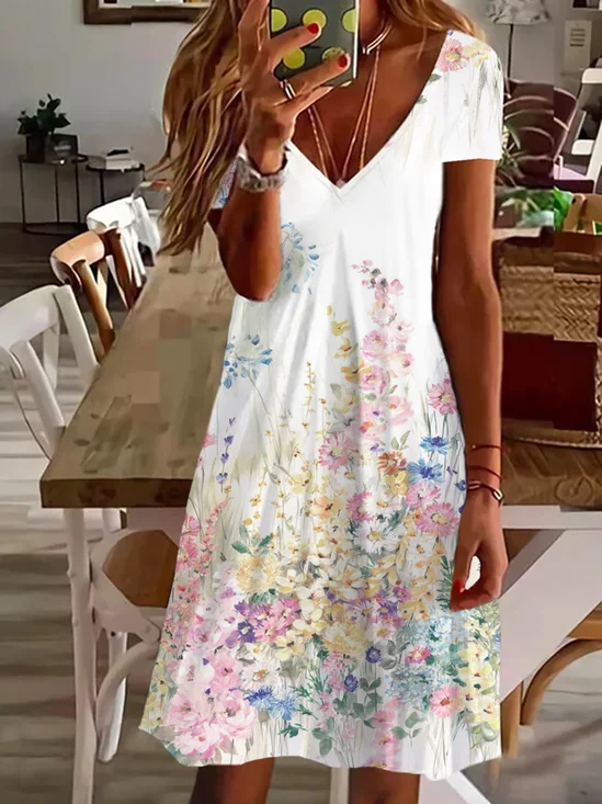 Women's Floral Short Sleeve Summer Printing Dress V Neck Daily Casual Knee Length T-Shirt Dress H-Line Dress