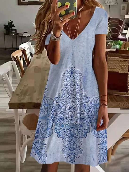 Women's Floral Short Sleeve Summer Printing Dress V Neck Daily Casual Knee Length T-Shirt Dress H-Line Dress