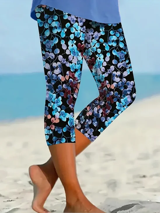 Women's Floral Capris Elastic Waist Pant Casual Summer Trousers