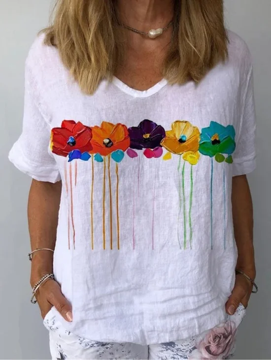 Women Floral Short Sleeve Blouse Summer Crew Neck Daily Casual Top