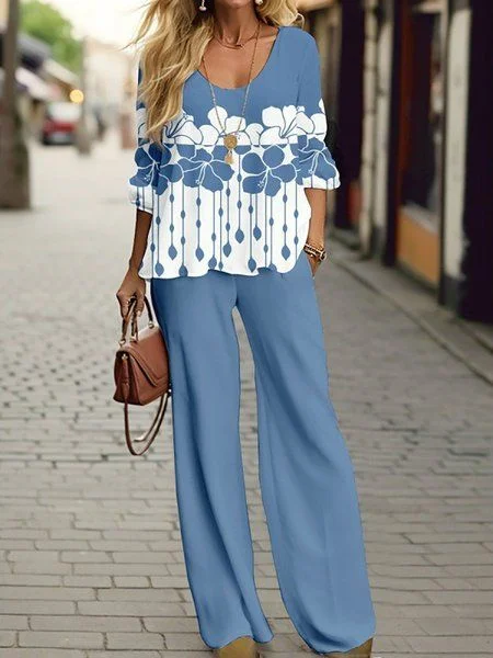 Women's Floral Printing Two-Piece Set Daily Long Sleeve Casual Spring/Fall Top With Pants Matching Set