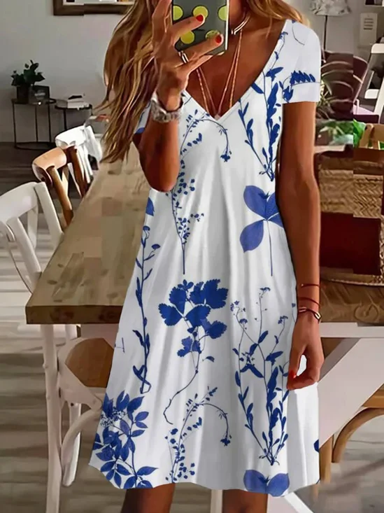 Women's Floral Short Sleeve Summer Printing Dress V Neck Daily Casual Knee Length T-Shirt Dress H-Line Dress