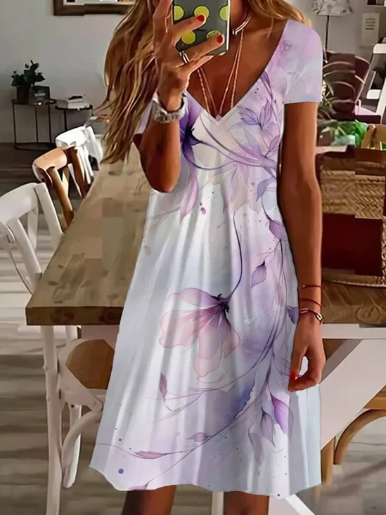 Women's Floral Short Sleeve Summer Printing Dress V Neck Daily Casual Knee Length T-Shirt Dress H-Line Dress