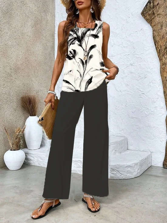 Women's Floral Printing Two-Piece Set Daily Sleeveless Casual Summer Top With Pants Matching Set