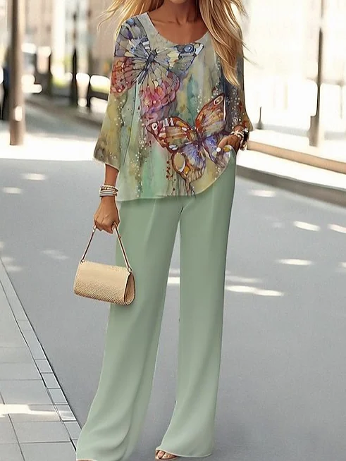 Women's Floral Printing Two-Piece Set Daily Long Sleeve Casual Spring/Fall Top With Pants Matching Set