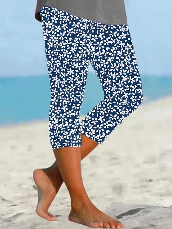 Women's Floral Capris Elastic Waist Pant Casual Summer Trousers