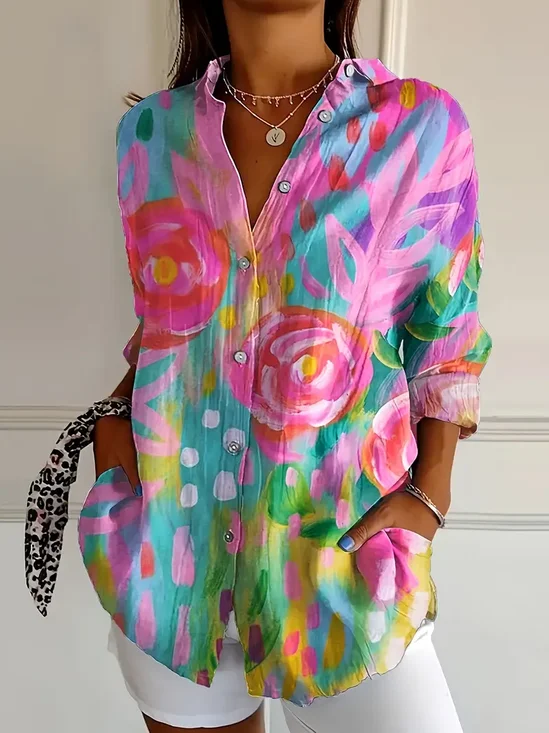 Women's Floral Long Sleeve Shirt Spring/Fall Buckle Shirt Collar Daily Casual Top