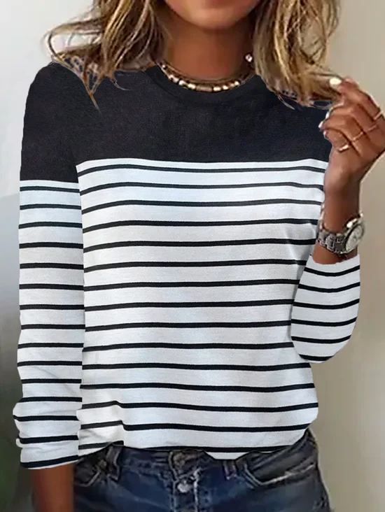 Women Striped Long Sleeve Tee T-shirt Crew Neck Casual Spring/Fall Top