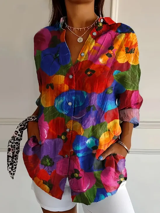 Women's Floral Long Sleeve Shirt Spring/Fall Buckle Shirt Collar Daily Casual Top