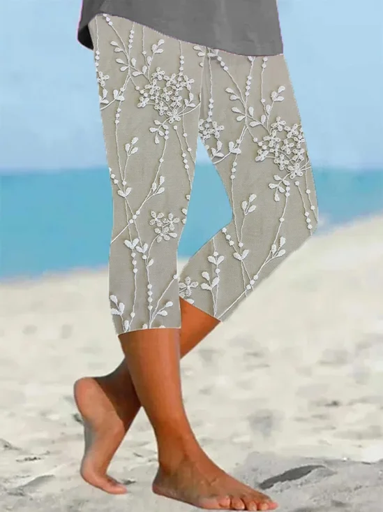 Women's Floral Capris Elastic Waist Pant Casual Summer Trousers