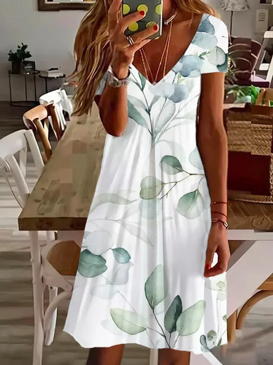 Women's Floral Short Sleeve Summer Printing Dress V Neck Daily Casual Knee Length T-Shirt Dress H-Line Dress