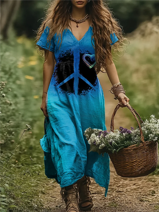 Women Geometric Short Sleeve Summer Dress V Neck Daily Vintage Maxi A-Line Dress