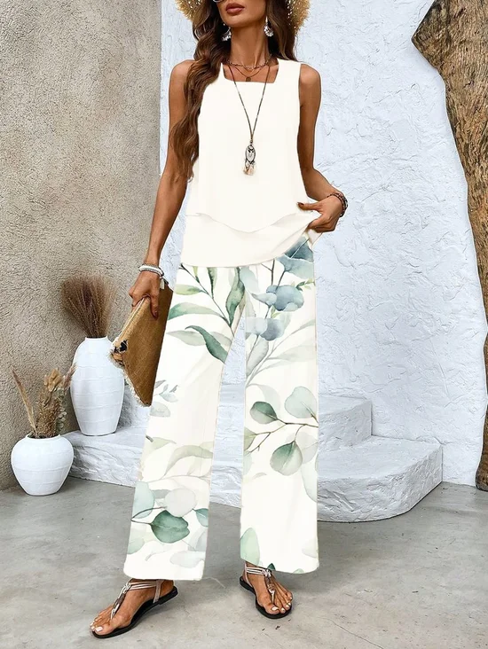 Women's Floral Printing Two-Piece Set Daily Sleeveless Casual Summer Top With Pants Matching Set