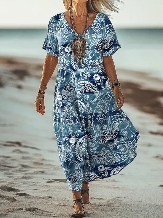Women Paisley Short Sleeve Summer Dress V Neck Daily Vintage Maxi A-Line Dress