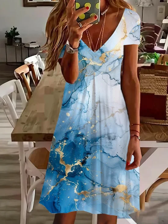 Women's Abstract Short Sleeve Summer Printing Dress V Neck Daily Casual Knee Length T-Shirt Dress H-Line Dress