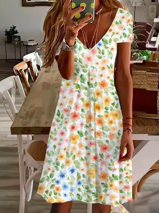 Women's Floral Short Sleeve Summer Printing Dress V Neck Daily Casual Knee Length T-Shirt Dress H-Line Dress