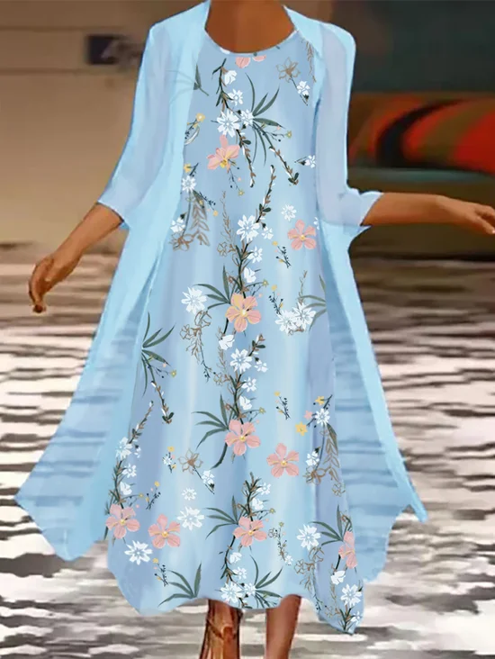 Women Floral Two-Piece Set Daily Three Quarter Sleeve Casual Spring/Fall Coat With Skirt Matching Set