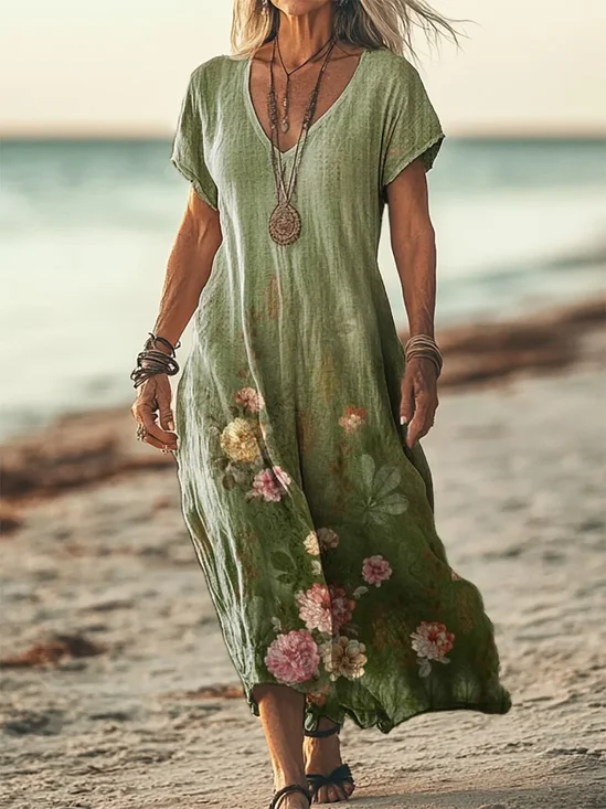 Women's Floral Short Sleeve Summer Printing Dress V Neck Daily Casual Maxi T-Shirt Dress H-Line Dress