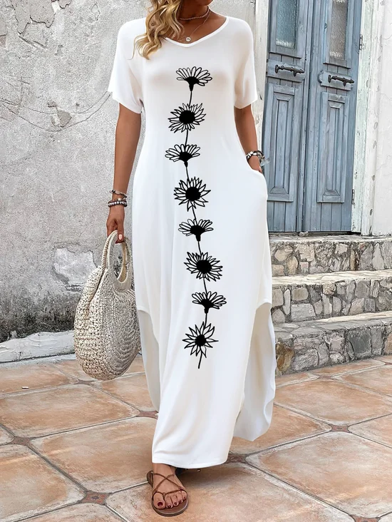 Women's Floral Short Sleeve Summer Printing Dress V Neck Daily Casual Maxi T-Shirt Dress H-Line Dress