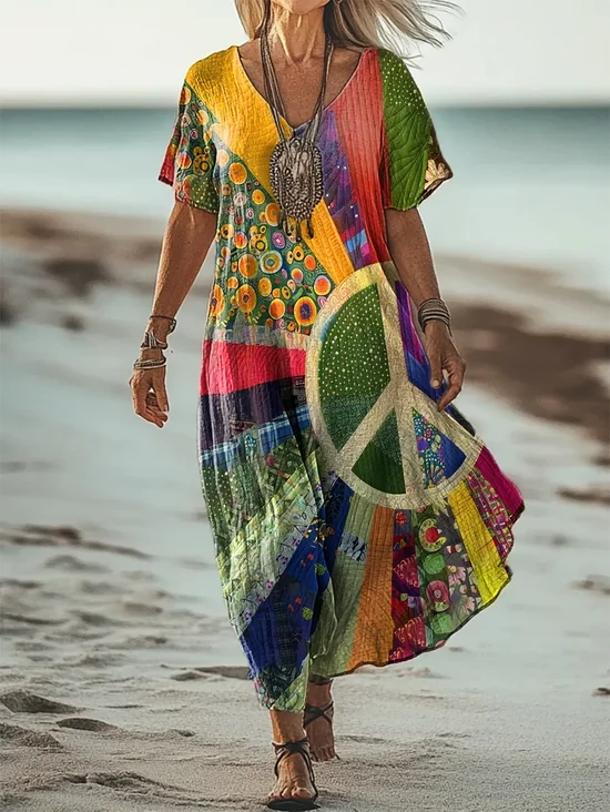 Women's Hippie Short Sleeve Summer Printing Dress V Neck Daily Casual Maxi T-Shirt Dress H-Line Dress
