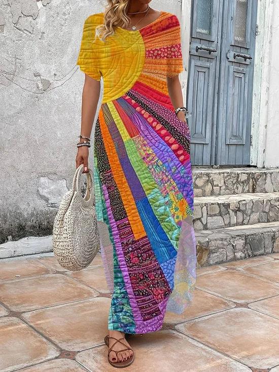 Women's Hippie Short Sleeve Summer Printing Dress V Neck Daily Vintage Maxi T-Shirt Dress H-Line Dress