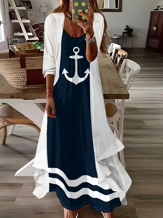Women Anchor Printing Two-Piece Set Daily Three Quarter Sleeve Casual Spring/Fall Dress With Coat Matching Set