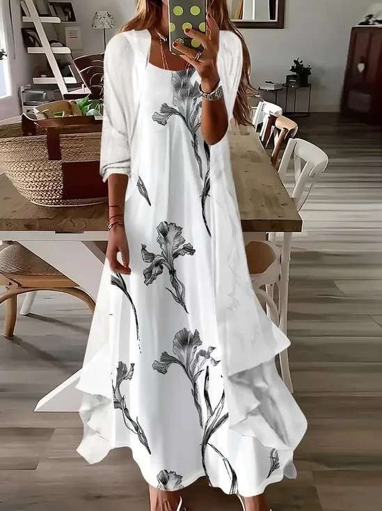 Women Floral Printing Two-Piece Set Daily Three Quarter Sleeve Casual Spring/Fall Dress With Coat Matching Set
