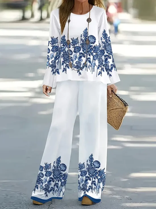 Women's Floral Printing Two-Piece Set Daily Long Sleeve Casual Spring/Fall Top With Pants Matching Set