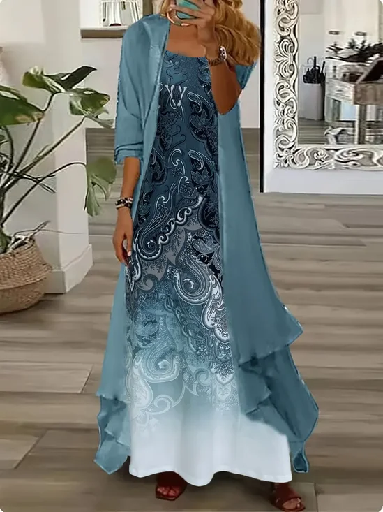 Women Floral Printing Two-Piece Set Daily Three Quarter Sleeve Casual Spring/Fall Dress With Coat Matching Set