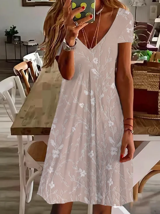 Women's Floral Short Sleeve Summer Printing Dress V Neck Daily Casual Knee Length T-Shirt Dress H-Line Dress