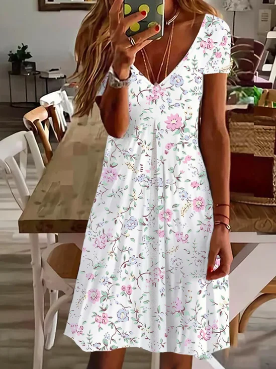 Women's Floral Short Sleeve Summer Printing Dress V Neck Daily Casual Knee Length T-Shirt Dress H-Line Dress