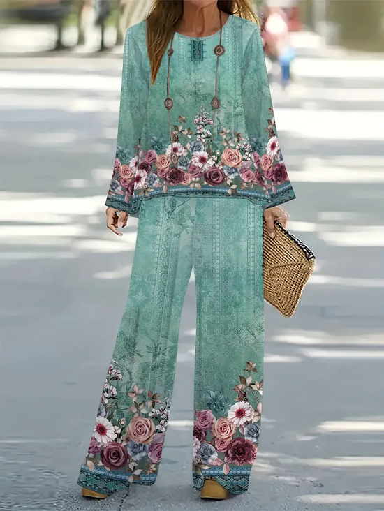 Women's Floral Printing Two-Piece Set Daily Long Sleeve Casual Spring/Fall Top With Pants Matching Set