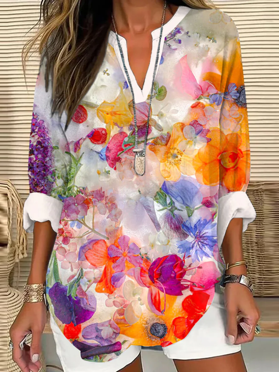 Women Floral Long Sleeve Blouse Spring/Fall V Neck Daily Casual Top