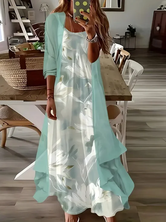 Women Floral Printing Two-Piece Set Daily Three Quarter Sleeve Casual Spring/Fall Dress With Coat Matching Set