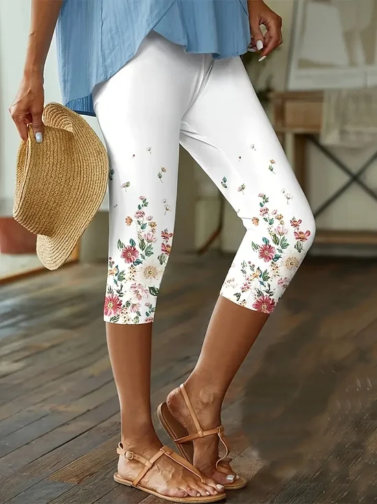 Women's Floral Capris Elastic Waist Pant Casual Summer Trousers