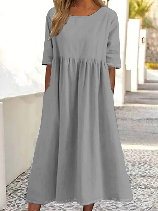 Women Plain Half Sleeve Summer Dress Crew Neck Daily Casual Maxi Shirt Dress A-Line Dress