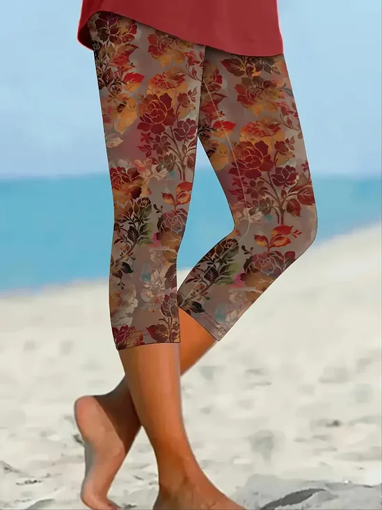 Women's Floral Capris Elastic Waist Pant Casual Summer Trousers