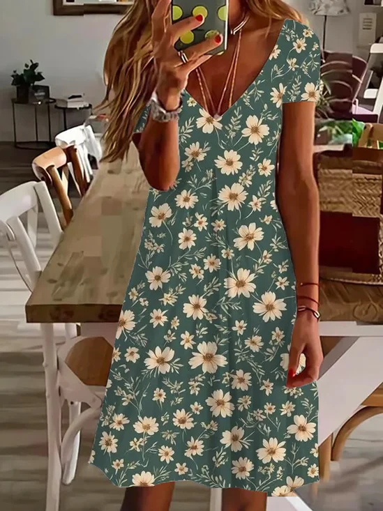 Women's Floral Short Sleeve Summer Printing Dress V Neck Daily Casual Knee Length T-Shirt Dress H-Line Dress
