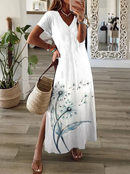 Women's Floral Short Sleeve Summer Printing Dress V Neck Daily Casual Maxi X-Line Dress