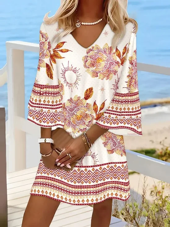 Women Floral Half Sleeve Summer Dress V Neck Daily Boho Midi Beach Dress H-Line Dress
