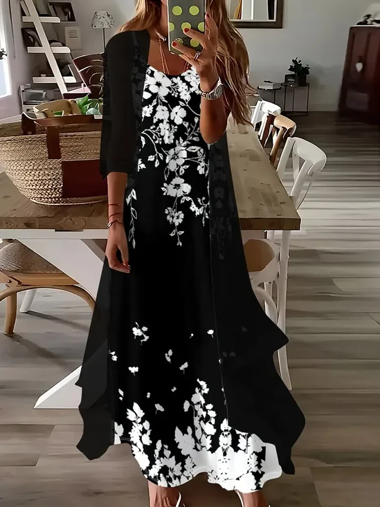Women Floral Printing Two-Piece Set Daily Three Quarter Sleeve Casual Spring/Fall Dress With Coat Matching Set