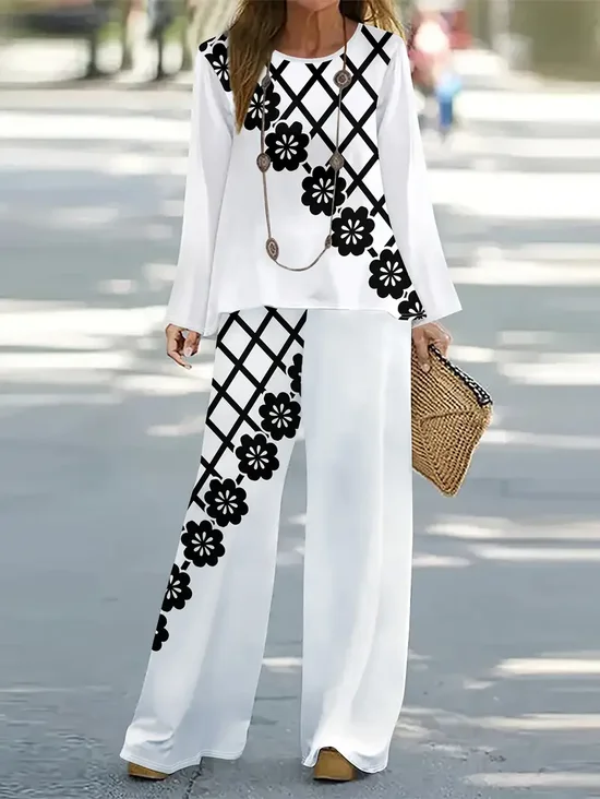 Women's Floral Printing Two-Piece Set Daily Long Sleeve Casual Spring/Fall Top With Pants Matching Set